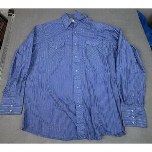 Wrangler Western Pearl Snap Shirt Mens XL Blue‎ Striped Shiny Rockabilly Club